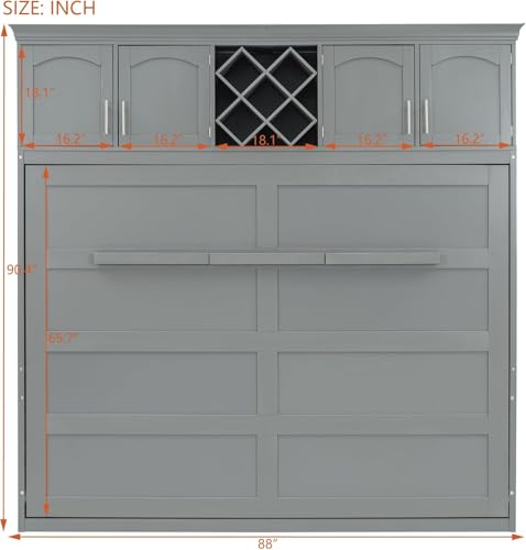 MERITLINE Queen Horizontal Murphy Bed Cabinet with Storage Bookcase Shelves and Charging Station,Wood Folding Grey Murphy Wall Bed for Adult