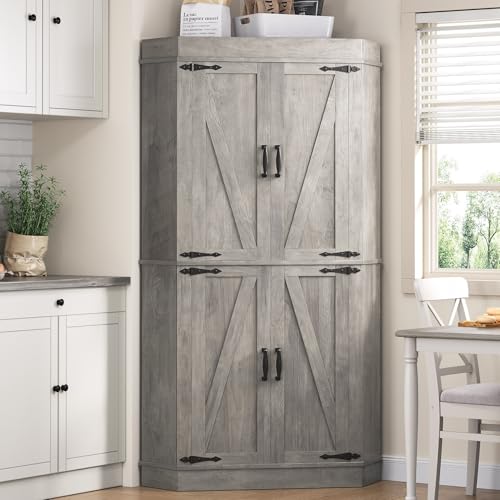 Corner Cabinet, Kitchen Pantry Cabinet, Storage Cabinet with 4 Doors and Shelves, Kitchen Cabinet, Pantry Cabinet, Tall Food Pantry Storage Cabinet Farmhouse Furniture for Kitchen Dining Room, Grey