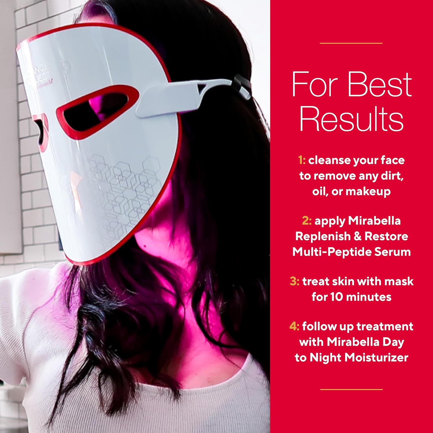 Mirabella 7 Color LED Light Therapy for Face w/Near Infrared Light - Wireless, Rechargeable Multicolor & Red Light Therapy Mask for Acne, Wrinkles & Skincare (1 Mask)