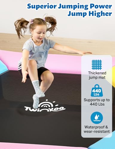 60" Trampoline for Kids, Twinkoo 5FT Fortified Toddler Trampolines with Anti-Rollover Bottom, Indoor/Outdoor Toddler Trampoline with Safety Enclosure, Adjustable Gymnastics Bars, Basketball Hoop