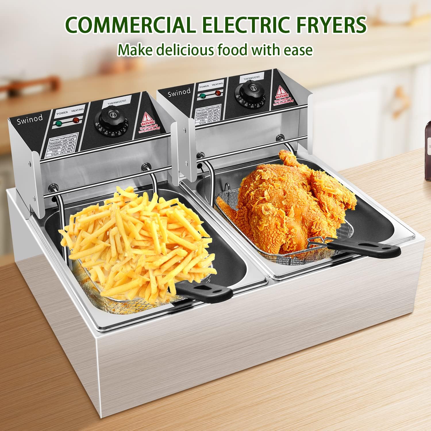 Commercial Deep Fryer with Basket, 12 Liter Adjustable Temperature Fryer 3400W