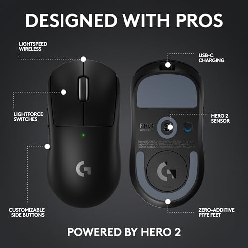 Logitech G PRO X Superlight 2 DEX Wireless Gaming Mouse, 60g pro-Grade Right-Handed Mouse with 5 programmable Buttons, USB-C Charging, 44k DPI Sensor, up to 8 kHz Polling for PC/Mac - White