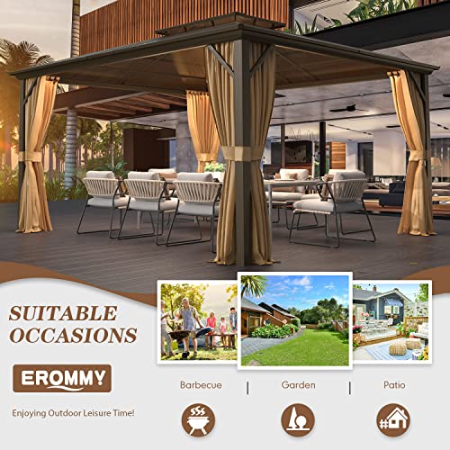 EROMMY 10' x 12' Hardtop Gazebo, Aluminum Frame Gazebos with Galvanized Steel Double Roof, Permanent Outdoor Metal Pavilion with Curtain and Netting for Patio, Lawn, Deck