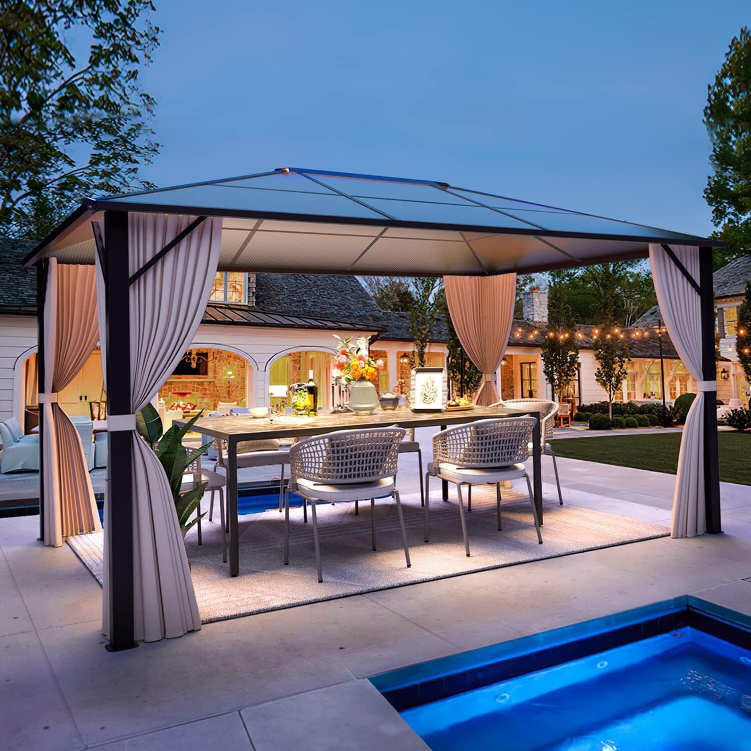 EROMMY Outdoor Double Roof Permanent Hardtop Gazebo Pergola with Prime Netting and Curtains Single Roof 10'x12'