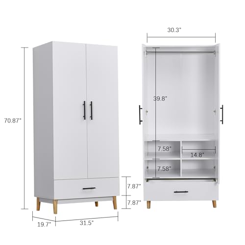 Armoire Wardrobe Closet Wood: 2 Drawers 2 Door Wardrobe Cabinet White with Large Capacity with Hanging Rod Handles for Bedroom Tall Armoire Storage Cabinet 31.5" L x 20.3" W x 74" H