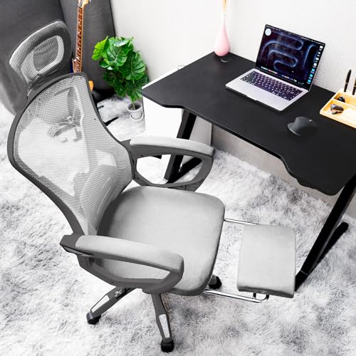 Ergonomic Office Chair w/Reclining High Back Adjustable Headrest Foot Rest & Wheels - Comfortable Mesh Chair for Lumbar Support - Swivel & Tilt Function Black Frame - Blue mesh