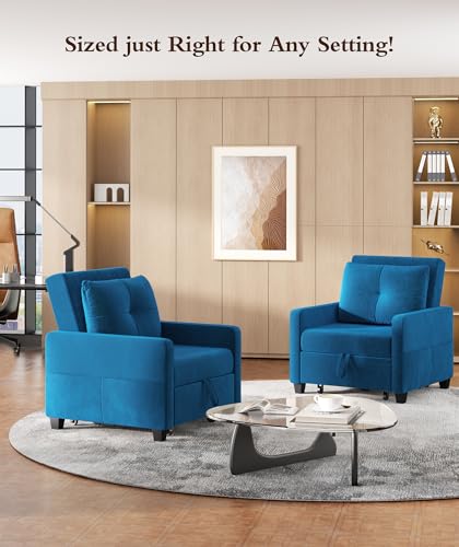 Sleeper Sofa Chair, 3 in 1 Convertible Sleeper Chair with Adjustable Backrest, 32" Pull Out Couch Bed 400lbs Support, Comfy Velvet Small Sofa Bed for Small Space with Pillow & 2 Pockets, Blue