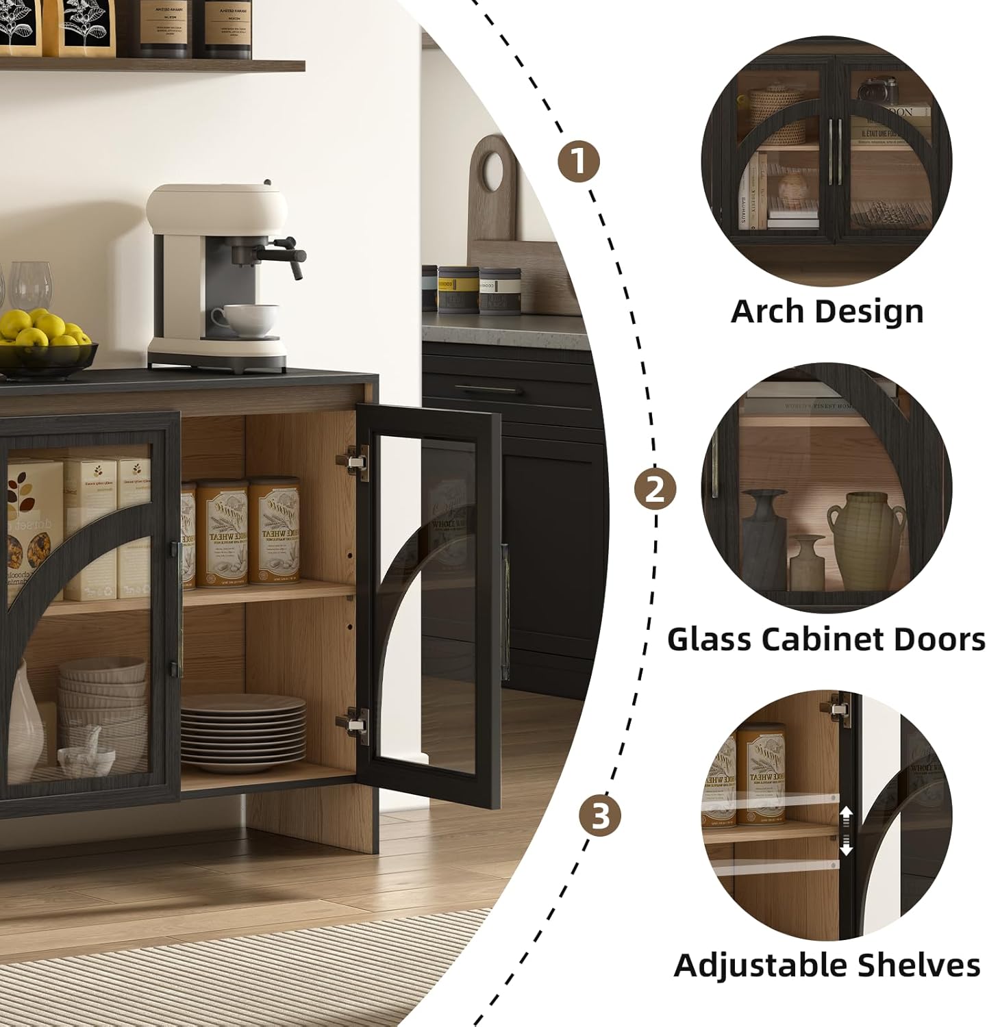 Modern Accent Cabinet,Sideboard Buffet Cabinet with Storage,Arched Cabinet with Glass Door,Credenza Storage Cabinet with Adjustable Shelf for Living Room,Entryway,Dinning Room,Black