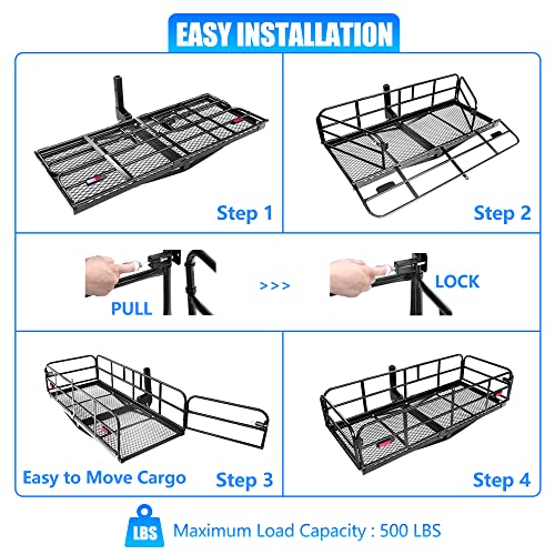 500 Lbs Heavy Duty Hitch Mount Cargo Carrier 60"x24"x14.4" Folding Rear Luggage Rack Basket Fits 2" Receiver for Car SUV Camping Traveling with Stablizer Waterproof Bag Net Ratchet Straps Lock