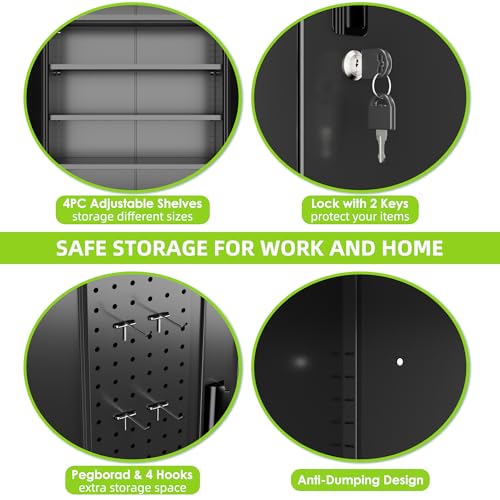 Aobabo Garage Storage Cabinet with Wheels,72" H Metal Storage Cabinet with 2 Doors and 4 Adjustable Shelves for Garage Home, Black,Required-Assembly