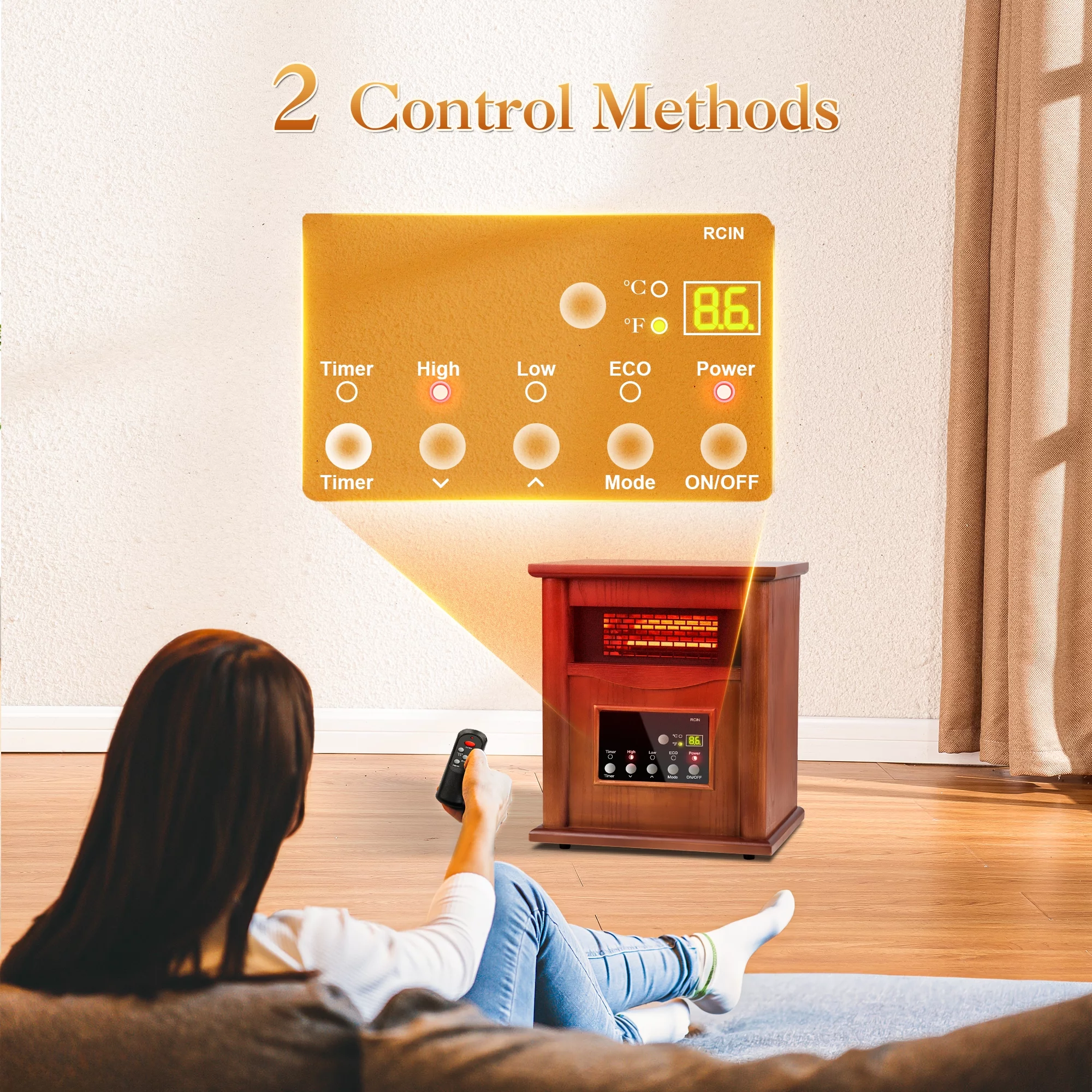 LifePlus 1500W Electric Infrared Quartz Space Heater for Indoor Use w/ LED Digital Screen, Remote Control, 12H Timer