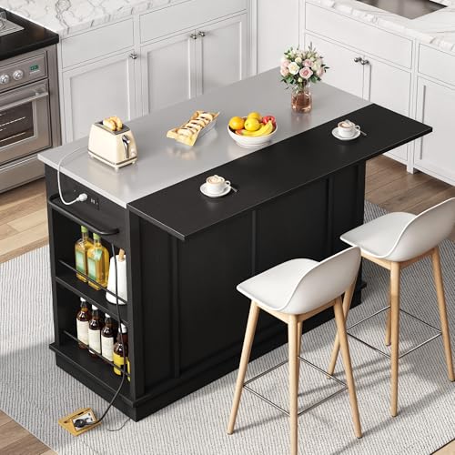 YITAHOME Kitchen Island with Stainless Steel Top & Drop Leaf, 47 Inch Kitchen Island on Wheels with Power Outlet, Rolling Portable Mobile Kitchen Cart w Storage Drawer Cabinet Counter Metal Top, White