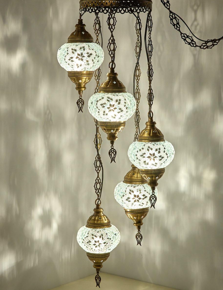 DEMMEX PLUGIN 5 Globes Chandelier Light Turkish Moroccan Mosaic Ceiling Hanging Pendant Light Fixture Chandelier Lighting (PlugIn with 15feet Cord,Chain&Plug)