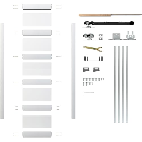 JUBEST Pocket Door 36"x80", 5-Panel Tempered Frosted Glass Sliding Pocket Door with Soft Close Pocket Door Frame Kit, Water-Proof PVC Surface, Assembly Needed, White