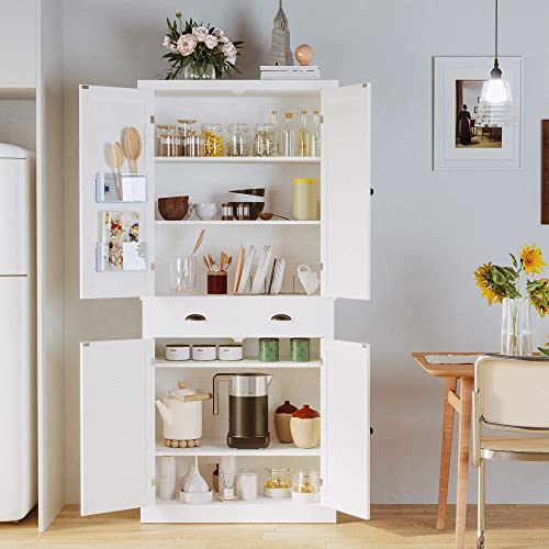 IRONCK Kitchen Pantry Storage Cabinet 72.6" H, with Barn Doors, Drawer, 4 Adjustable Shelves, Freestanding Cupboard for Dining Room Living Room, Laundry, White