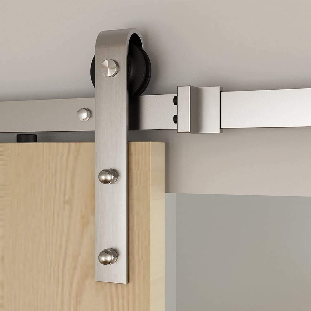 JUBEST Satin Nickel Sliding Barn Door Hardware Kit Smoothly and Quietly Hanger Roller Flat Track Kit J Shape Roller