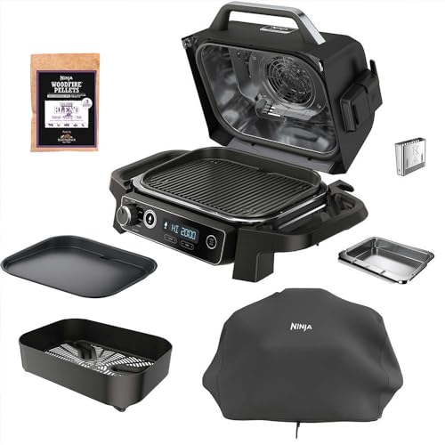 Ninja OG701 Woodfire Outdoor Grill & Smoker 7-in-1 Air Fryer Bake Roast Broil uses Woodfire Pellets(1 Pack Included) Portable, Electric, Grey(Renewed)