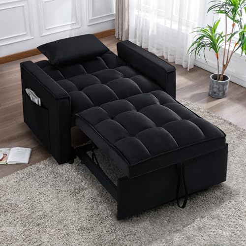Sleeper Chair Bed,3 in 1 Convertible Sleeper Sofa,Velvet Tufted Upholstered Single Sofa Bed with Adjustable Backrest,Pull Out Recliner Lounger Bed for Living Room,Office,Apartment,Small Space(Grey)