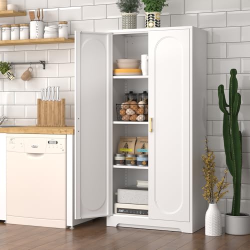 Metal Storage Cabinet with Doors and Shelves, 71 Inch Tall Kitchen Pantry Cabinet, Pantry Cabinets for Kitchen Storage, Freestanding Cupboard for Living, Dining Room, White, Assembly Required