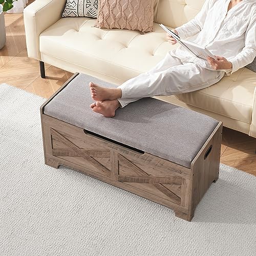 GAOMON Storage Chest, Storage Bench with Safety Hinge, Barn Style Storage Trunk, Wooden Entryway Bench, Shoe Bench, Large Storage Chest for Entryway, Bedroom, Living Room