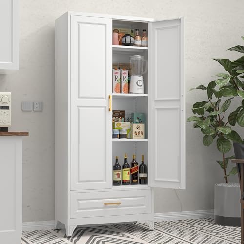 71" Tall Metal Storage Cabinet, Kitchen Pantry Storage Cabinets with Doors and 4 Shelves, White Pantry Cabinet, Utility Kitchen Cupboard, Large Steel Cabinets for Dining Room, Office, Living Room