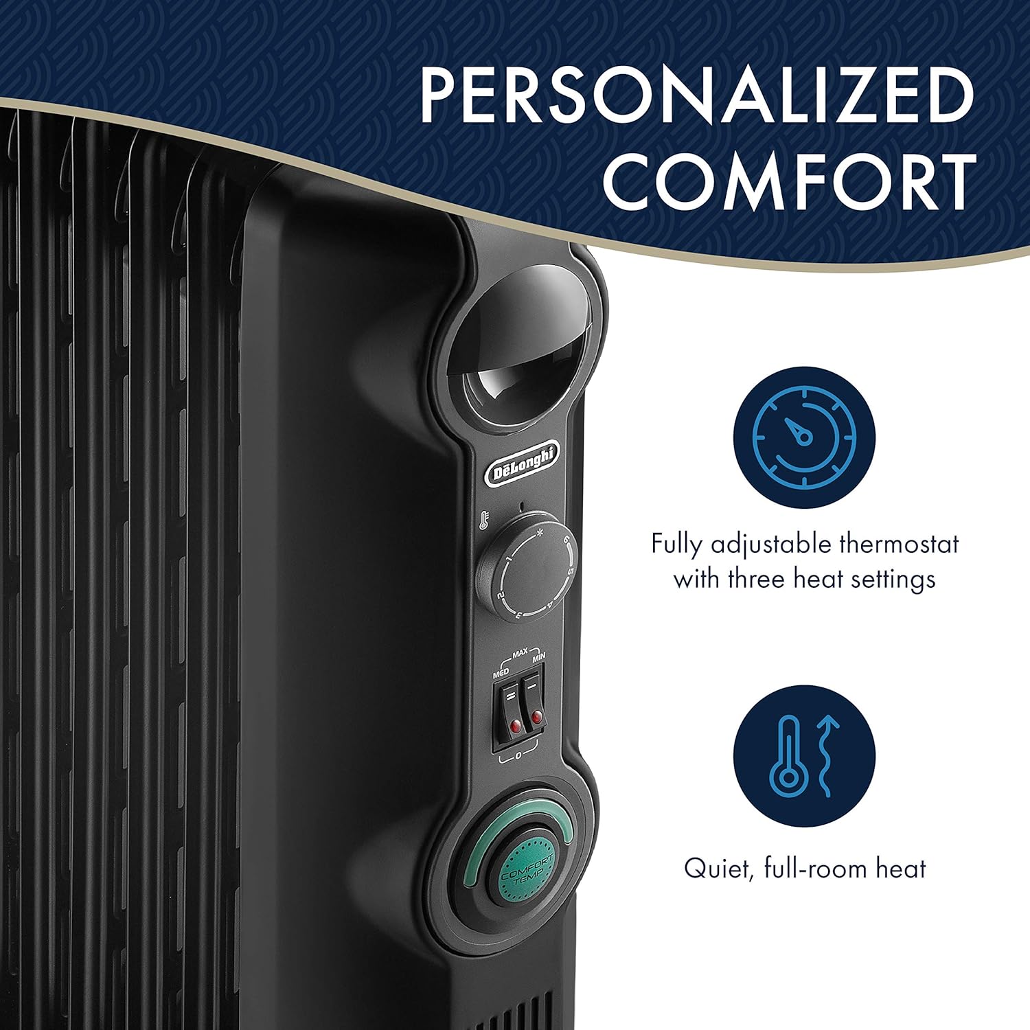 DeLonghi, Quiet 1500W, Adjustable Oil-Filled Radiator Space Heater, 14" w x 6" d x 25" h, Black