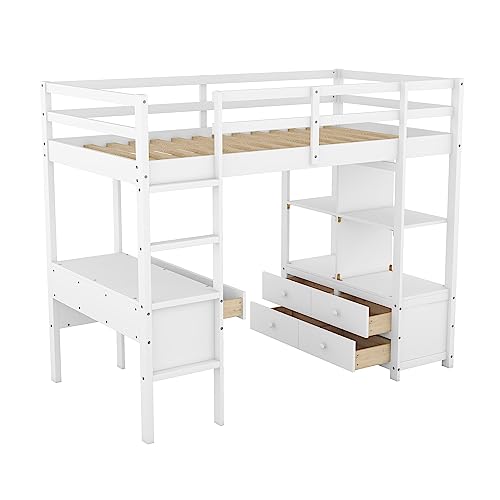 Harper & Bright Designs Full Size Loft Bed Frame with Desk and Storage, Solid Wood Loft Bed with Bookshelf and Drawers, for Kids Teens Adults - White