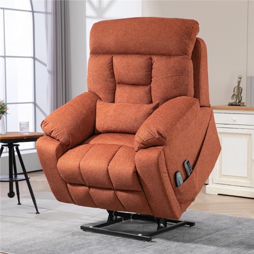 Light Grey Recliner Chair for Elderly | Tall and Big Man 400lbs | Chenille | Power Lift, Lay Flat, Stand Up, Wireless Charging Device, Extended Footrest, Massage Heat, Cup Holder, Lumbar Pillow