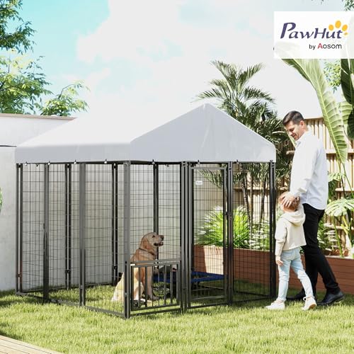 PawHut 4.6' x 4.6' x 5' Dog Kennel Outside, Welded Wire Outdoor Dog Kennel Run with Waterproof & UV Resistant Cover, for S&M Breeds, Chickens, Ducks, Black