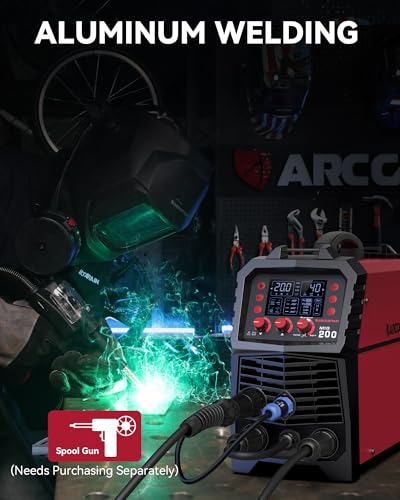 ARCCAPTAIN MIG Welder, 200Amp 6 in 1 Gas MIG/Gasless Flux Core MIG/Stick/Lift TIG/Spot welding/Spool Gun 110V/220V Aluminum Multi Process Welding Machine with LED Digital Display, Burn Back Adjustment