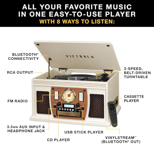Victrola Navigator 8-in-1 Bluetooth Record Player with Built-in Speakers– 3 Speed Turntable, CD Player, Cassette, FM Radio, USB, RCA Out, Headphone Jack, Wireless Music Streaming, Real Wood (Mahogany)