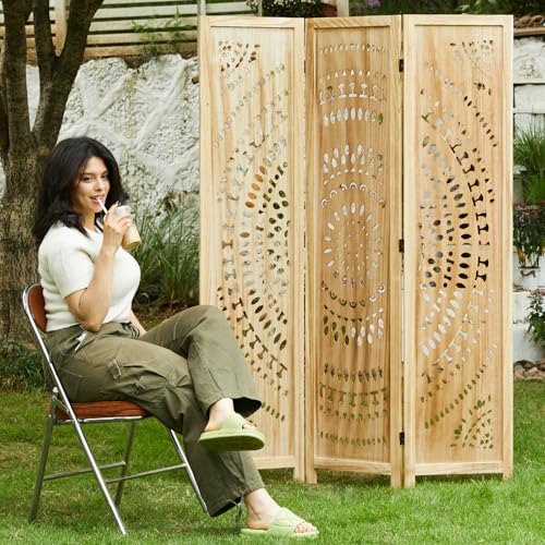 Room Divider Wood Carved Wall Divider Indoor Folding Bohemian Style Portable Partition Screen for Home Office Garden Terrace - 6 Panels (Antique, White-Washed)