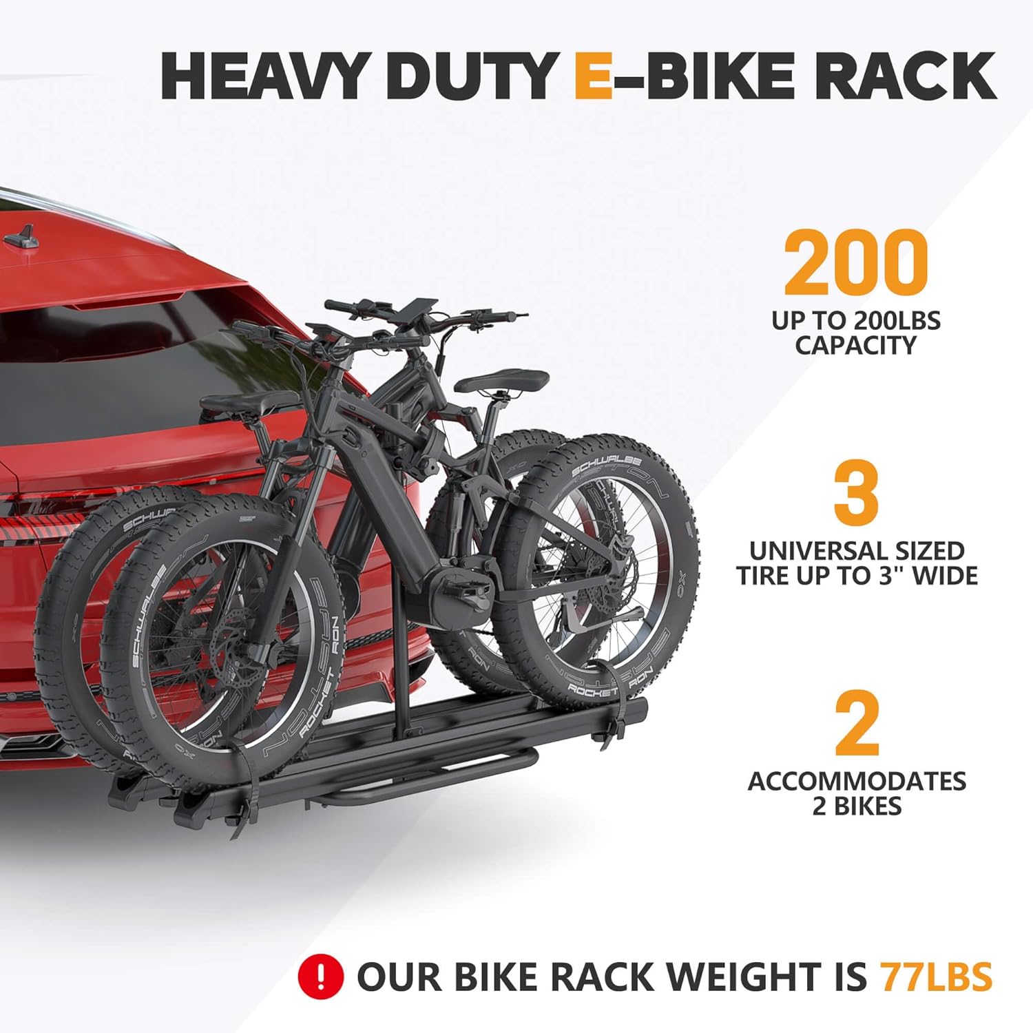 2 EBike Rack with Ramp, 2'' Hitch Mounted Lockable Bike Racks, 200lbs Capacity Foldable Platform, Up to 3'' Fat Tire Carrier for Standard and Electric Bicycles for Car SUV Truck RV