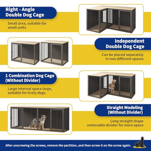 Dog Crate Furniture for 2 Dogs, 79.1" Large Dog Kennel Furniture with Dividers and Double Doors, All Steel Frame Double Dog Crate, 41.7" L X 22" W X 30.3" H, 37.4" L X 22" W X 30.3" H (Black Gray)