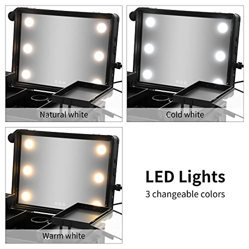 Large Makeup Train Case with Speaker & Code Lock & Full Screen Lighted Mirror & 3 Light Colors Lighted Rolling Cosmetic Organizer, Professional Artist Trolley Studio Free Standing
