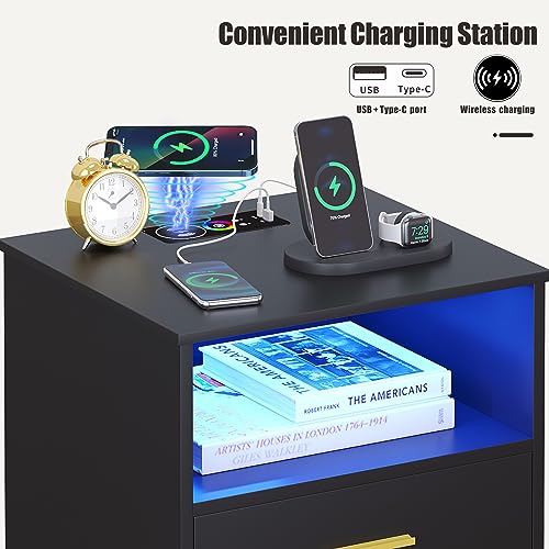 Nightstand set of 2 with Charging Station, Smart Night Stand with LED Light, Wood Bedside Table with 2 Drawers and Storage, Modern End Table for Bedroom Living Room, Grey