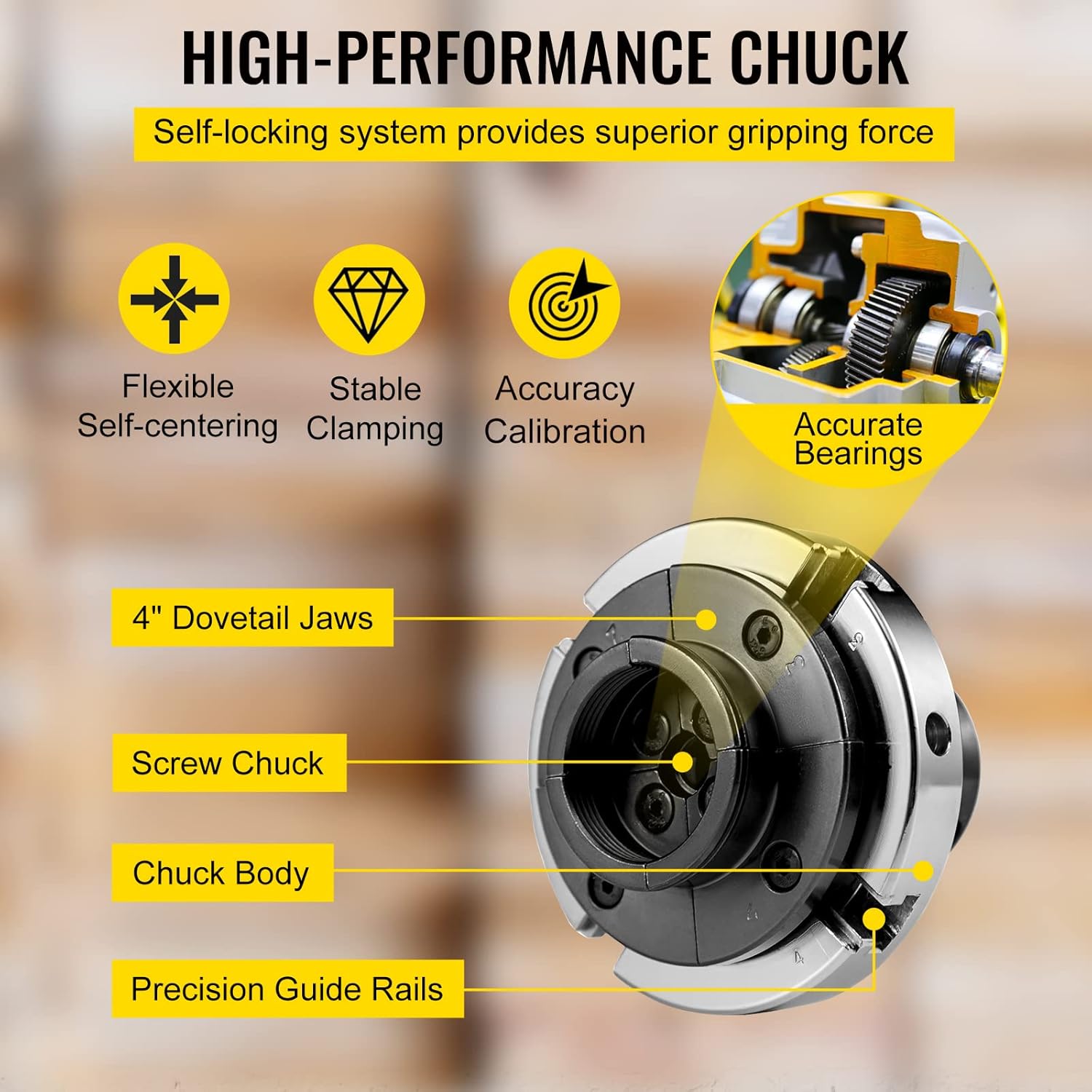 Mophorn Lathe Chuck 4-inch Nova Chuck Self-centering Lathe Chuck Independent 4 Jaws Mini Lathe Chuck Wood Lathe Bowl Chuck with Set of Accessories in Steel for Woodworking Chuck