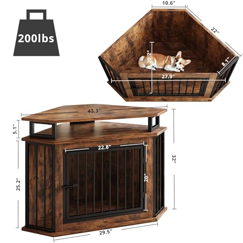 IRONCK 51" Corner Wooden Dog Crate Furniture with 2-Tier Shelves, Pet Kennel for Large Dogs, Space-Saving Dog Cage Indoor, Rustic Brown (26.7" L x 51.2" W x 33.5" H)