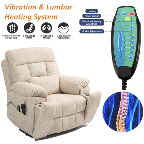 Light Grey Recliner Chair for Elderly | Tall and Big Man 400lbs | Chenille | Power Lift, Lay Flat, Stand Up, Wireless Charging Device, Extended Footrest, Massage Heat, Cup Holder, Lumbar Pillow
