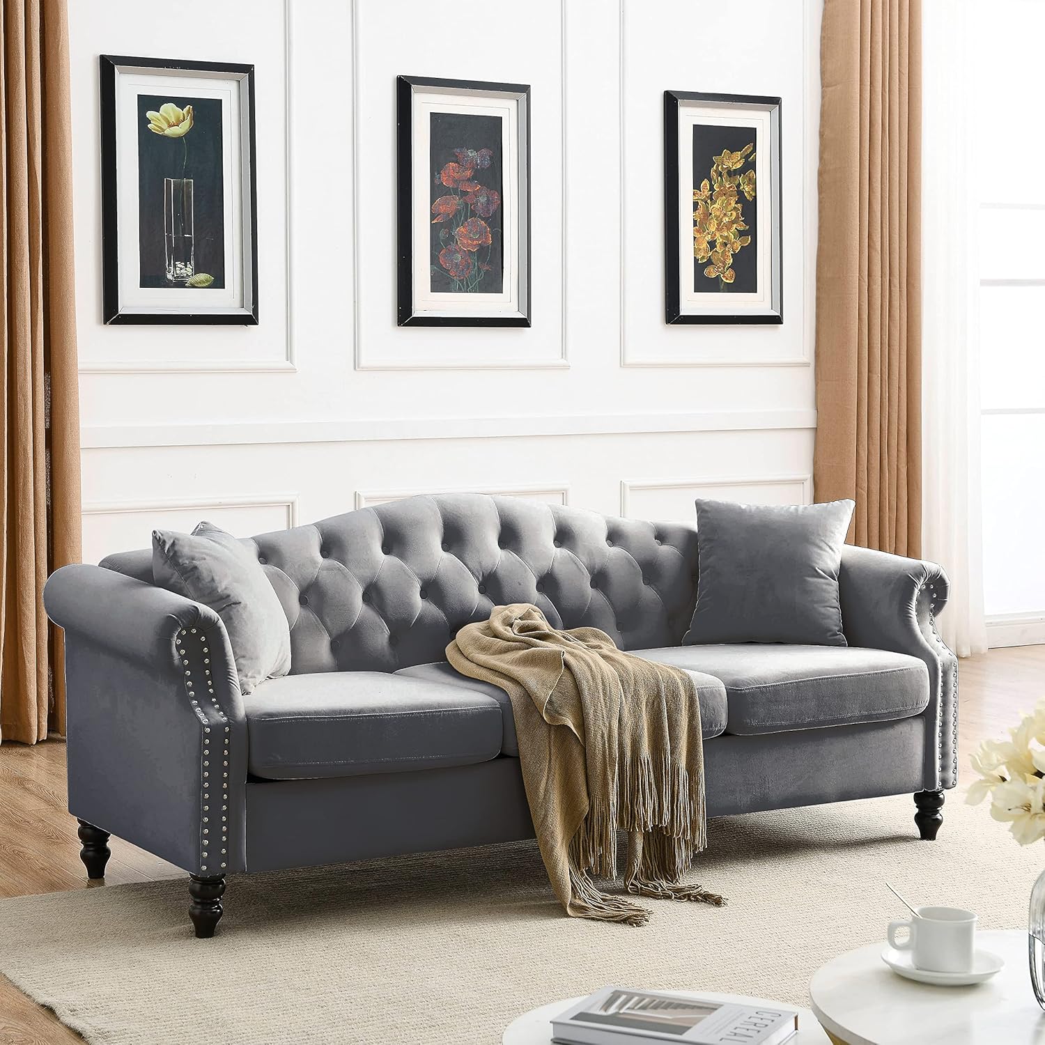 79" Chesterfield Sofa Grey Velvet for Living Room, 3 Seater Sofa Tufted Couch with Rolled Arms and Nailhead for Living Room, Bedroom, Office, Apartment, 2 pillowsW834S00012
