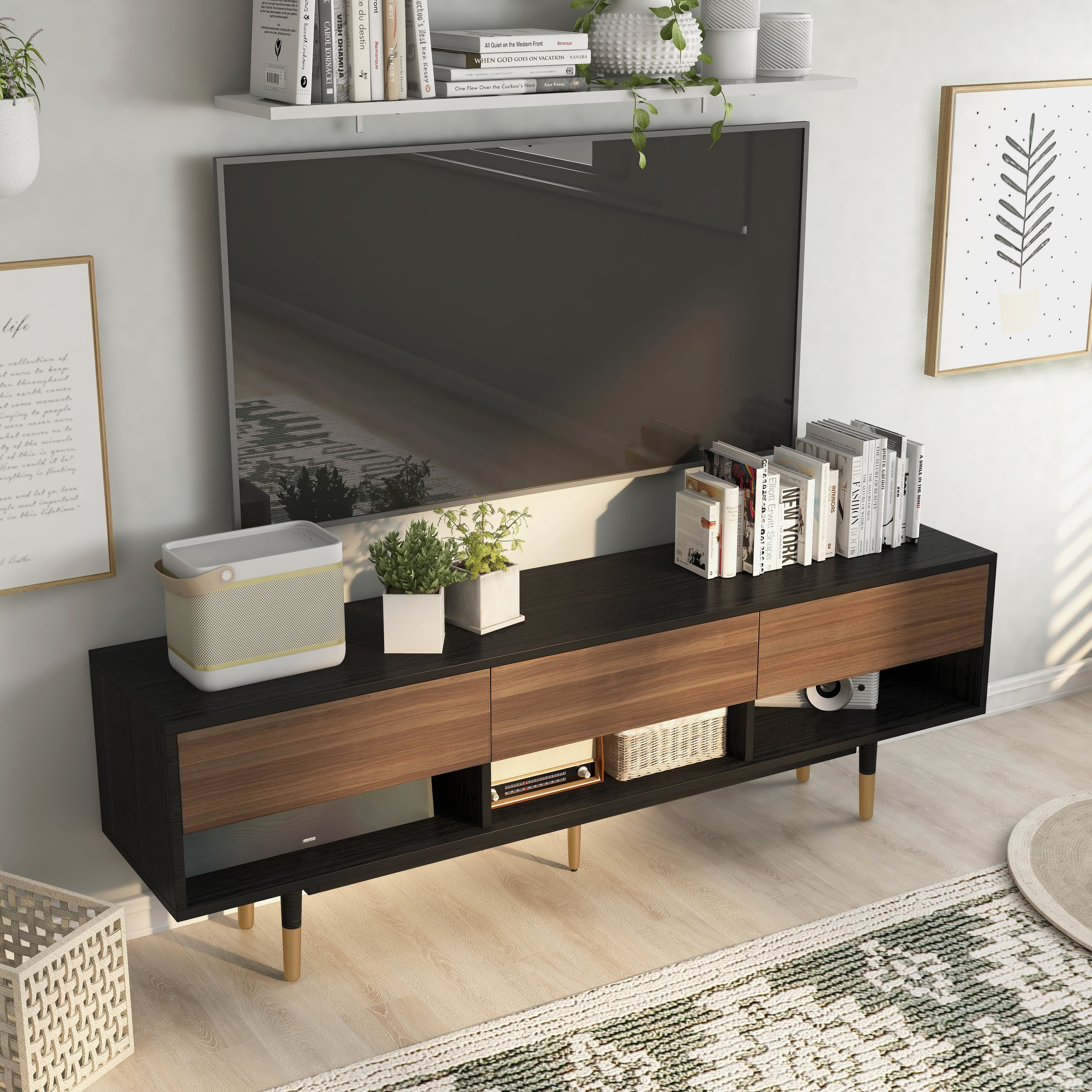 Carson Carrington Uddvide Mid-Century Modern Black 71-inch 3-Shelf TV Console by