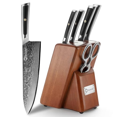 Sunnecko Knife Set with Block, Damascus Chef Knife Set Professional Kitchen Knife Block Set 6-piece Japanese VG10 Stainless Steel Dishwasher Safe