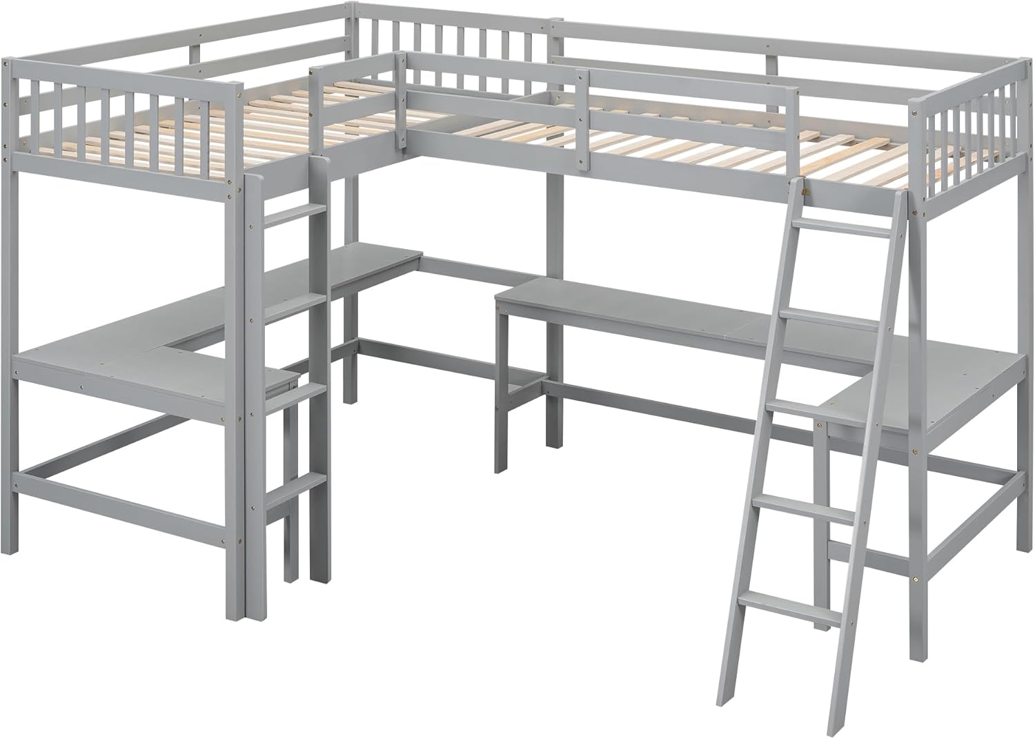 Wood Twin Size L-Shaped Loft Bed with Ladder and 2 Built-in L-Shaped Desks,2 Beds in 1 for Dorm,No Box Spring Required,Gray