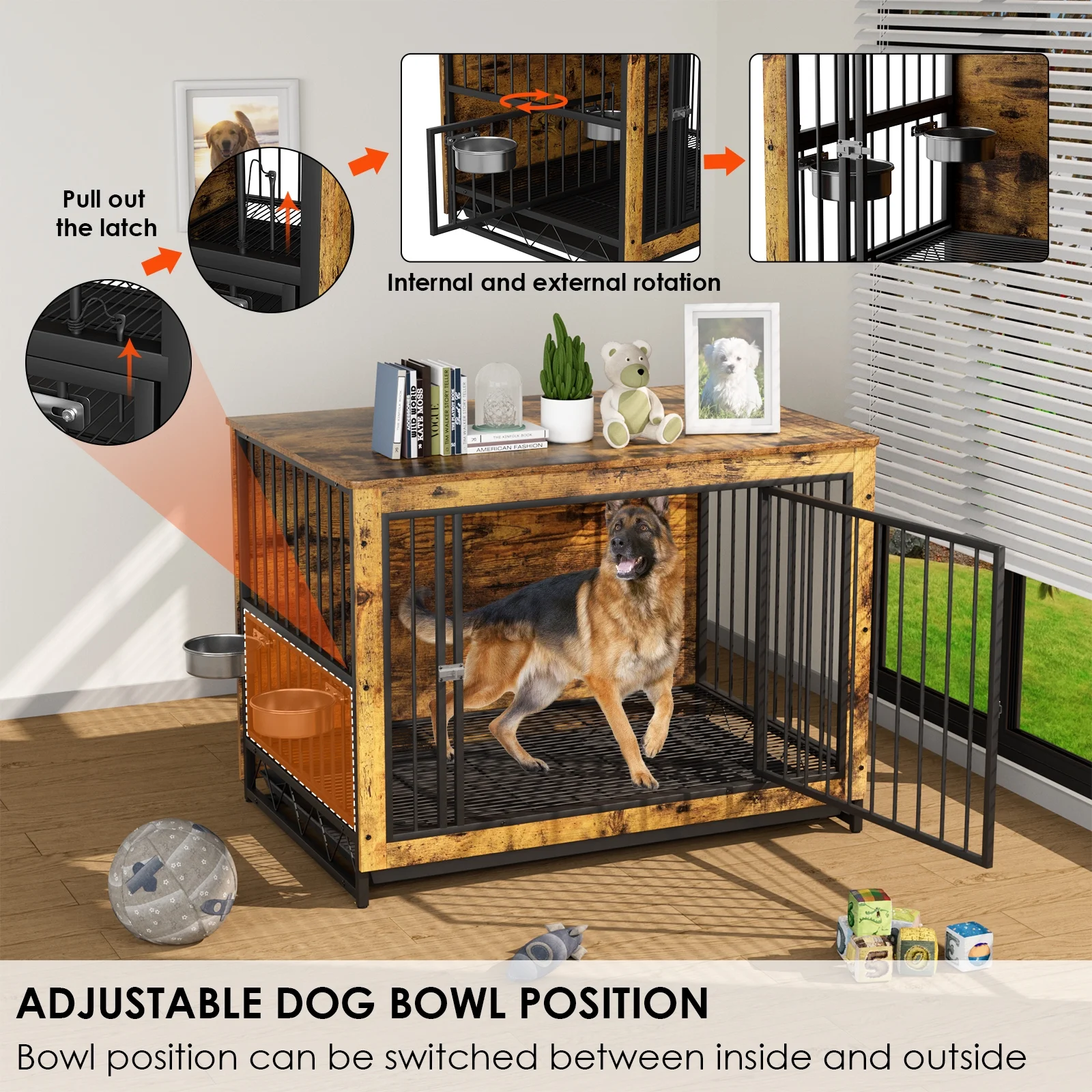 Arlopu 44.1'' Furniture Style Large Dog Crate with 2 Stainless Steel Bowls, Wooden Dog Cage End Table Dog House Heavy Duty Indoor Kennel for Small, Medium, Large Dogs