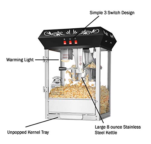Superior Popcorn Old Time Countertop Style Popcorn Machine with 8oz Stainless Steel Kettle, Black