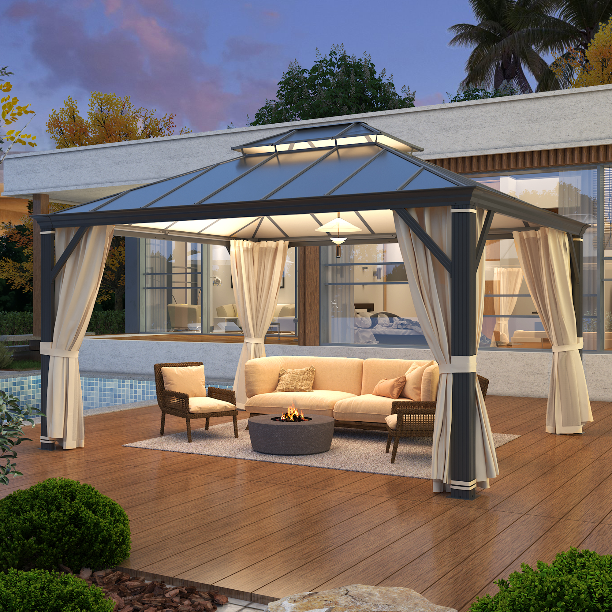 Richryce 12'x14' Hardtop Gazebo Patio Furniture, Aluminum Frame Double Roof, Privacy Curtains and Premium Net for Patio Lawn and Garden