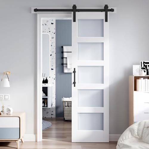 36x84 Inch Glass Sliding Barn Door Slab and 6.6ft Hardware Kit Included, 5 Frosted Glass, LVL Wood Panel Covered with White Water-Proof Scratch-Proof PVC Surface, Simple DIY Assembly