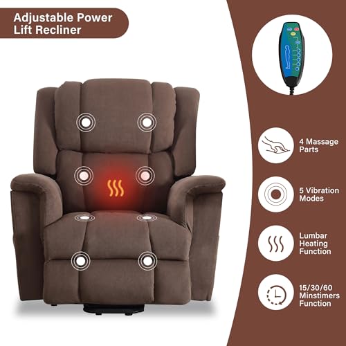 Power Lift Chair with Heat and Massage, Electric Wooden Frame Power Recliner Chair for Elderly with Side Pocket, USB Charge Port, Easy to Assemble
