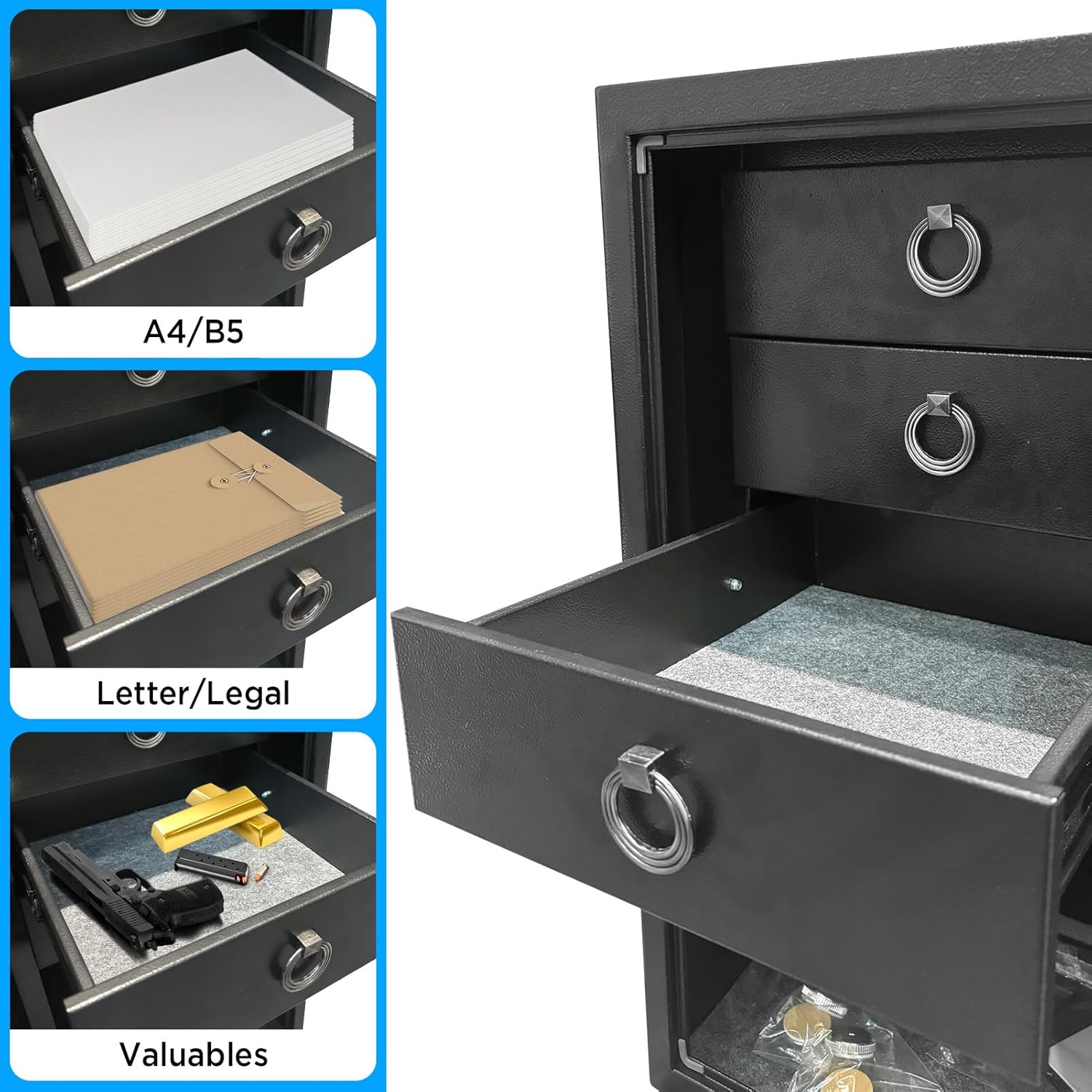 5.8 Cub Extra Large Fireproof Document Safe Box with Drawer for Home Office, Fire proof Safe with Anti-theft Smart Alert Digital Keypad and Key Lock Removable Shelf, Sensor Light