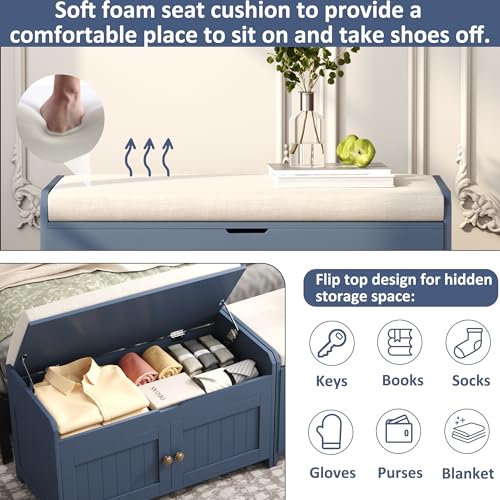 HOMEFORT Shoe Storage Bench with Lift Top Storage, Entryway Bench with Cushioned Seat,Wood Shoe Cabinet Bench,Bench for Bedroom End of Bed,Entry Hidden Shoe Bench for Mudroom,Hallway (Blue)